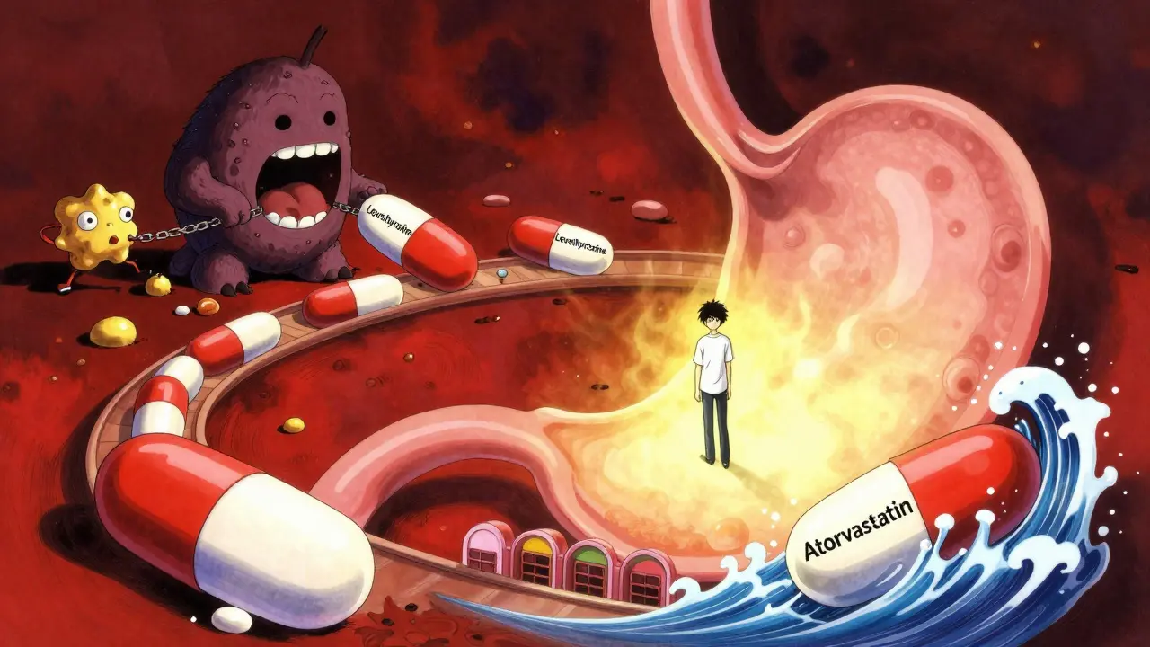A person in a glowing digestive tract with giant pills riding lipid waves and food monsters.