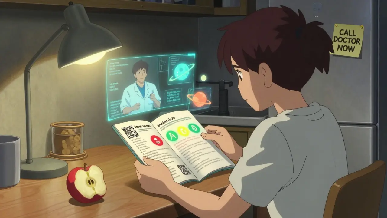 A person reading a Medication Guide at night with animated QR codes and color-coded risk icons floating above.