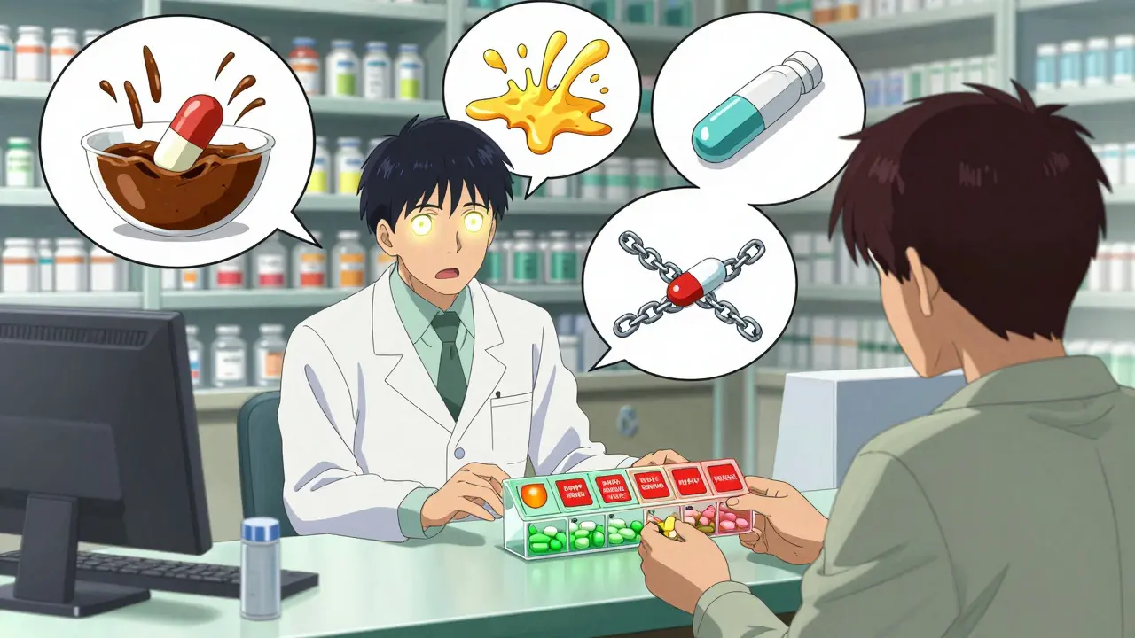 A pharmacist handing a color-coded pill organizer with floating chaotic medication scenes.