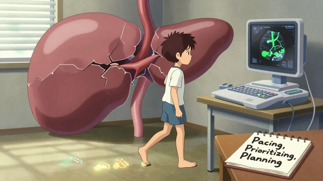 A recovering athlete walks cautiously as a cracked spleen looms behind them, with ultrasound scan visible.