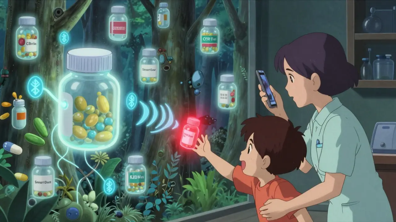A smart medicine cap glowing with Bluetooth energy as a child is pushed back by a sound wave, surrounded by living pill bottles.