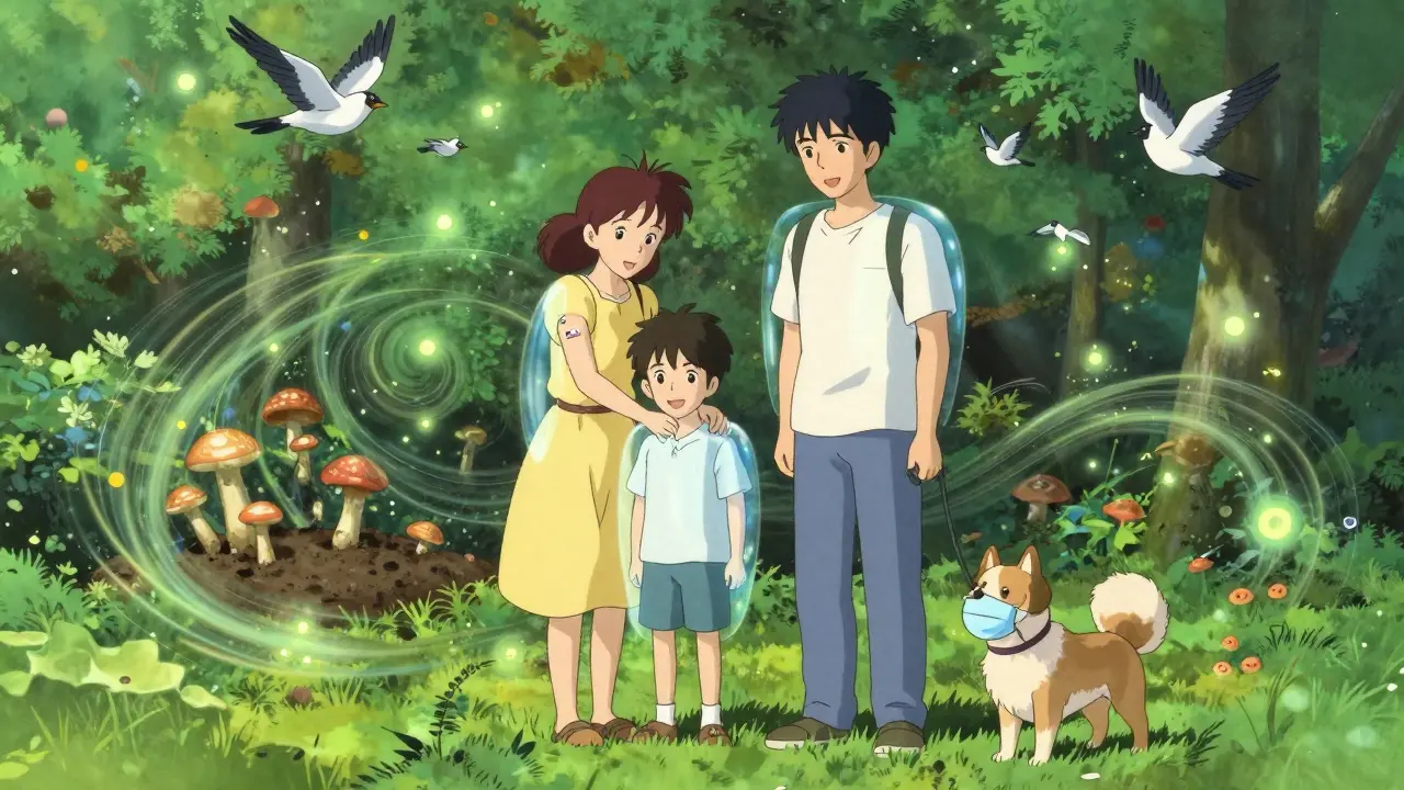 A transplant recipient stands safely apart from family and pet, surrounded by invisible protective shields.