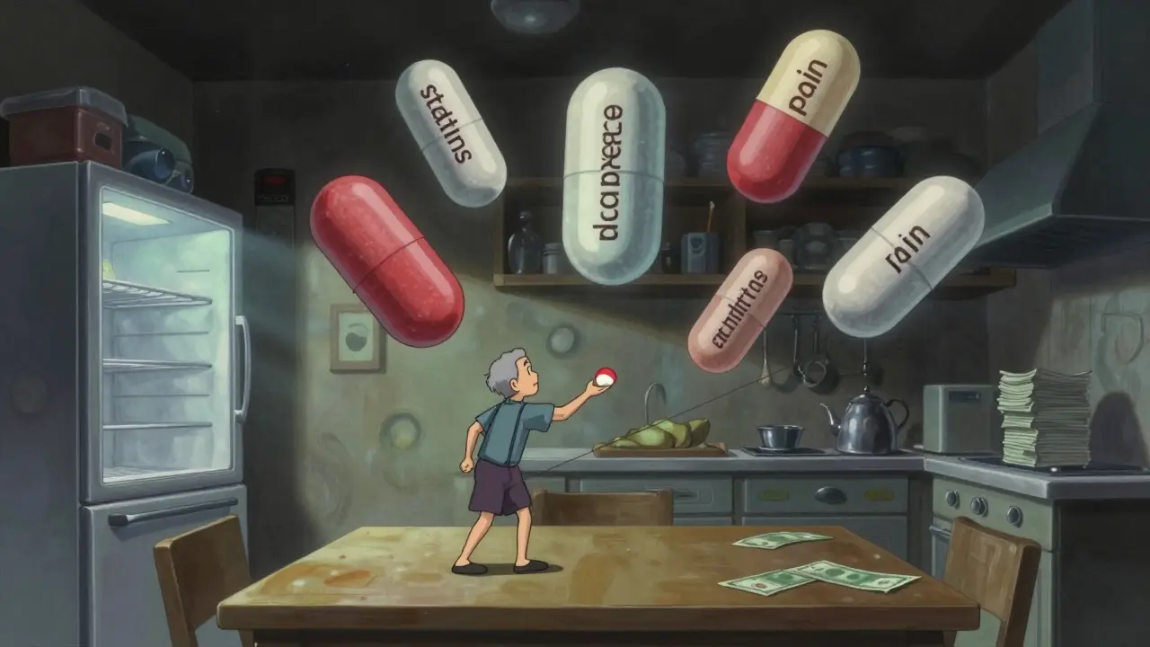 An elderly person balancing a pill like a tightrope walker, surrounded by floating medication stones and ghostly images of hardship.