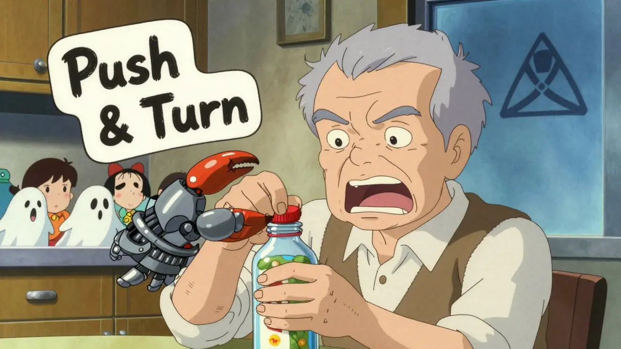 An elderly person struggling to open a cap, with child ghosts watching and mechanical cap elements twisting in the air.