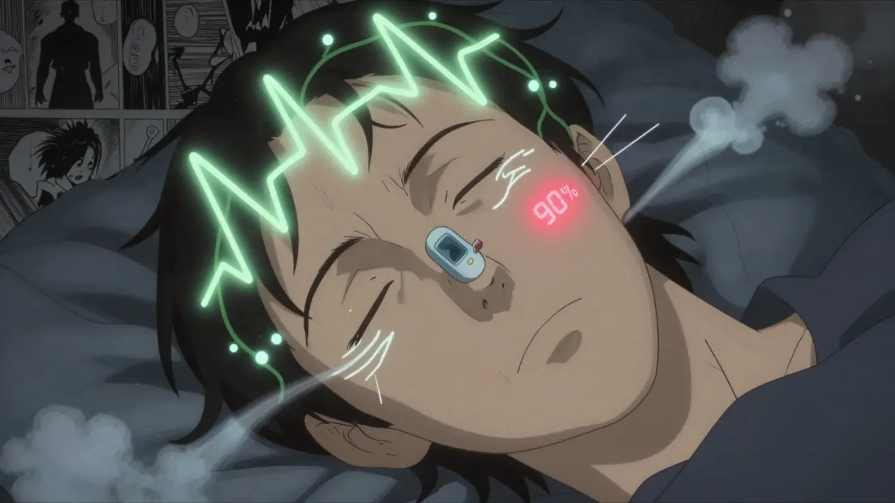 Close-up of a sleeper with glowing brainwaves and oxygen meter pulsing red, surrounded by dreamlike animations of snoring and leg movements.