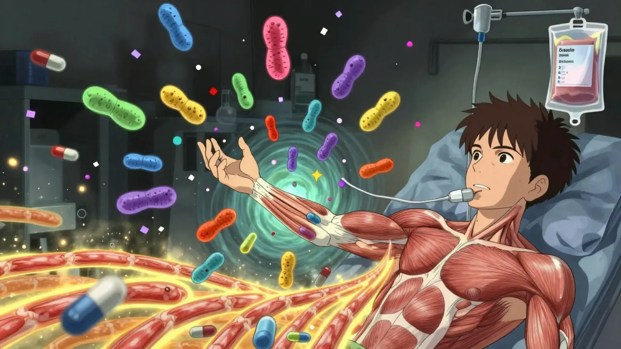 Colorful antibodies being pulled into a vortex during treatment, while healthy muscle fibers glow with renewed strength.