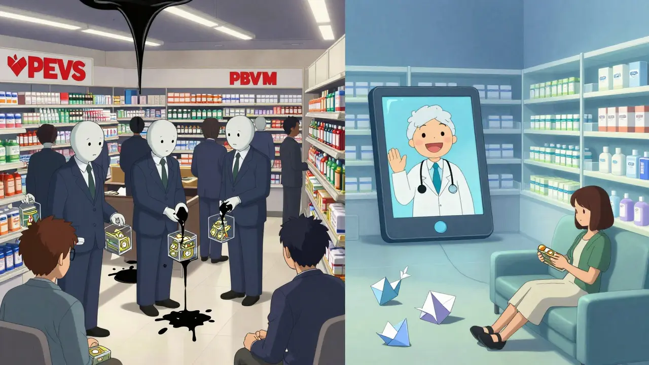 Contrasting scenes of corrupt pharmacy middlemen versus clean, transparent direct-to-consumer drug delivery.