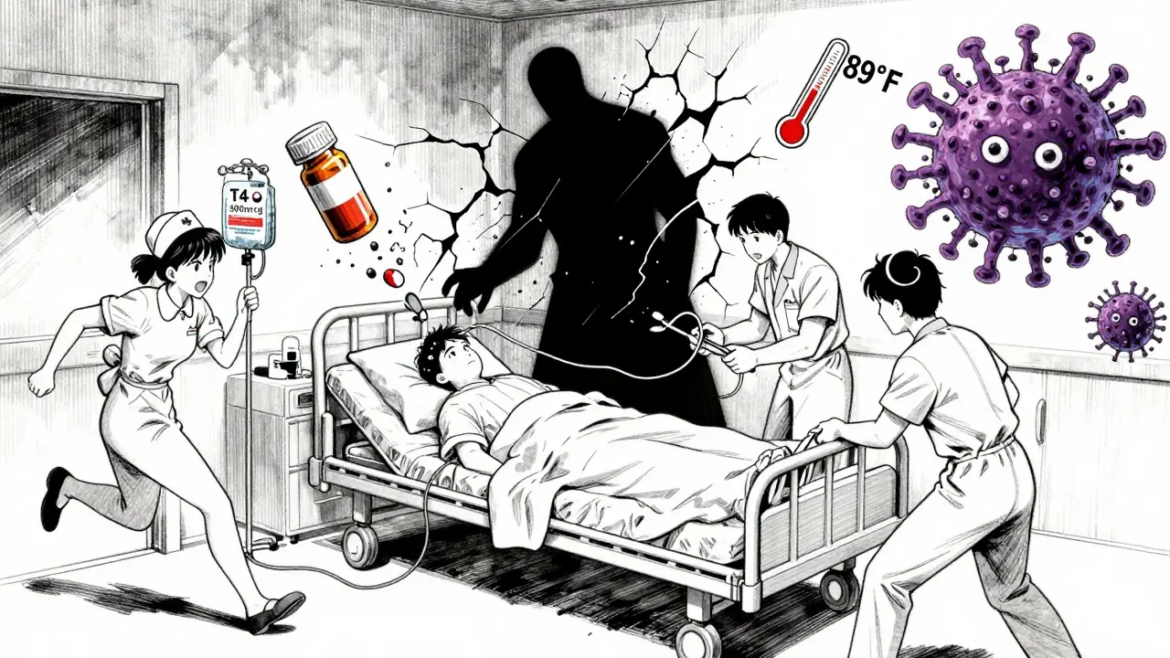 Emergency room staff rushing to treat a hypothermic patient with floating medical warning icons.