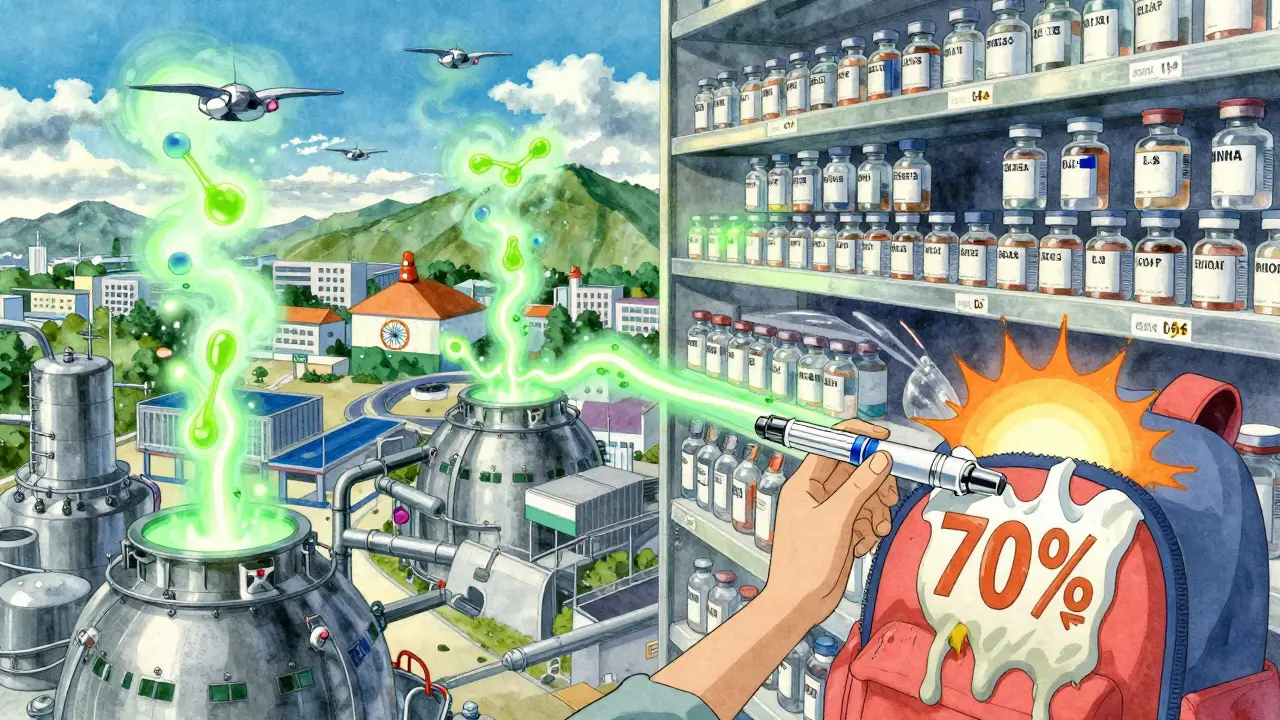 Glowing insulin molecules travel globally from factories to a U.S. pharmacy shelf, with a child placing a biosimilar pen in a backpack.