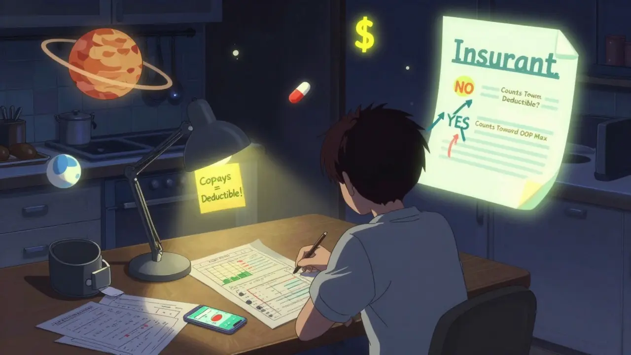 Person at table surrounded by spreadsheets and sticky notes explaining how copays count toward out-of-pocket max, not deductible.