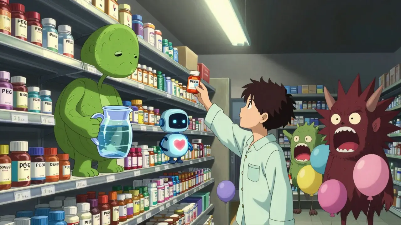 Personified OTC remedies on a pharmacy shelf, with PEG as a calm robot and stimulants as crumbling demons.