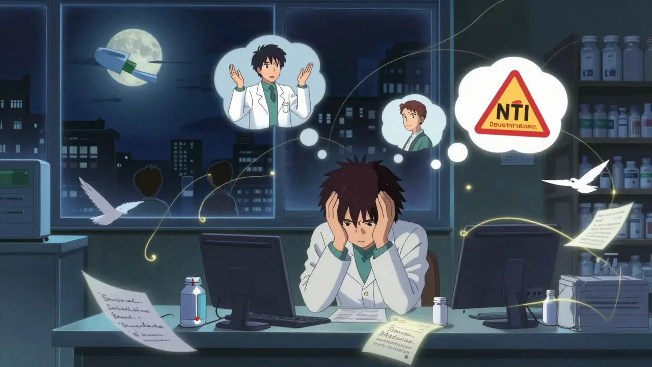 Pharmacist alone at night surrounded by thought bubbles of doctor silence, patient refusal, and NTI drug warnings under a pill-shaped moon.
