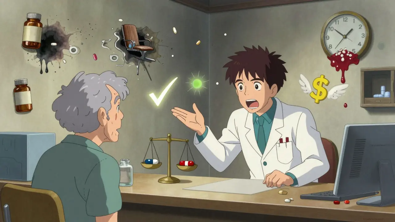 Pharmacist explains generics to an elderly patient using floating icons of balance, checkmarks, and money, in a surreal environment.