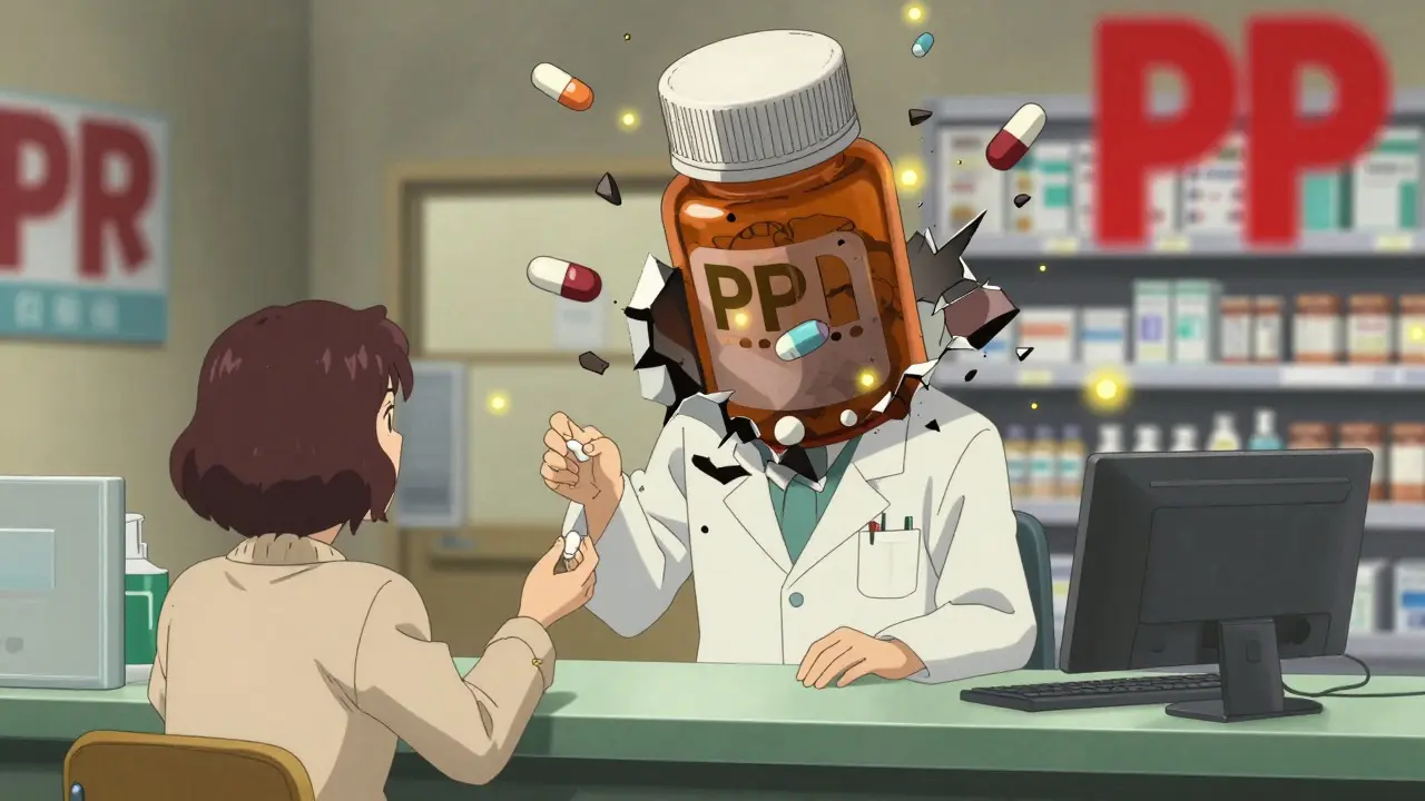 Pharmacist giving antacid as a crumbling PPI bottle looms behind, drug molecules floating like fireflies.