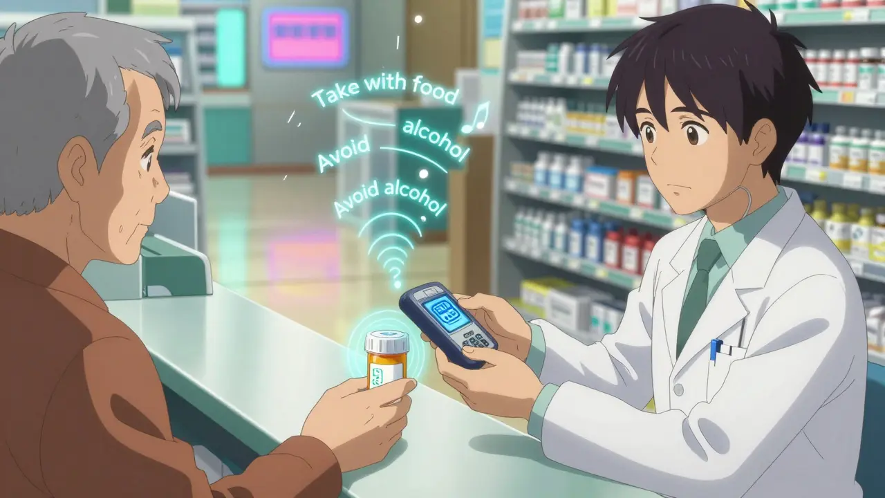 Pharmacist handing a ScripTalk reader to a customer at the pharmacy counter.