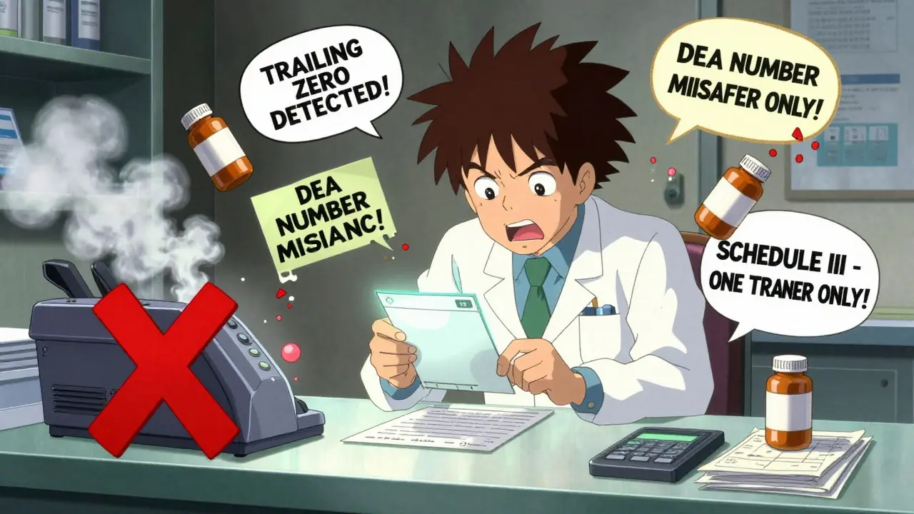 Pharmacist scanning a prescription as animated warnings flash, with a fax machine exploding in smoke.