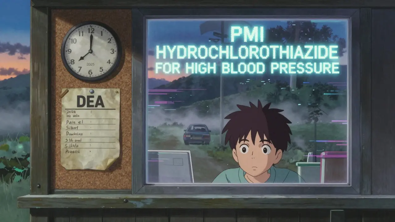 Rural patient at pharmacy window as a weak digital transfer signal flickers, with a 2025 PMI label beginning to glow inside.