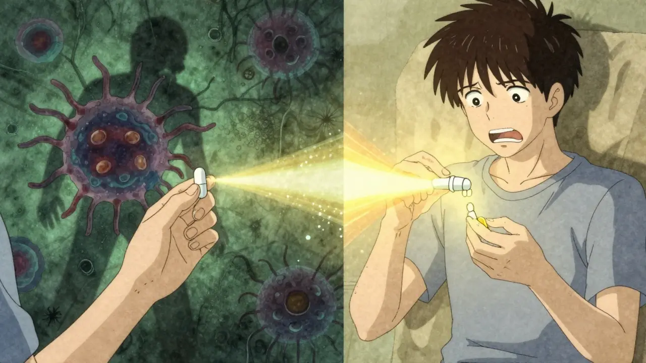 Split-panel image showing cancer growth and restored drug absorption with contrasting colors.