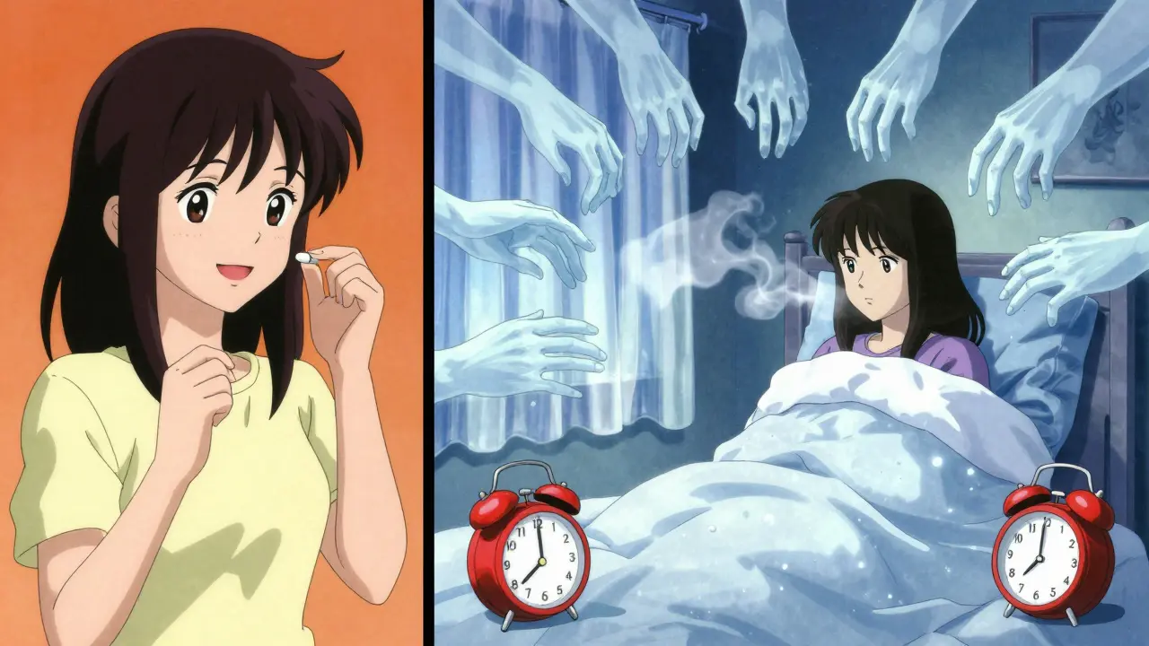 Split scene of a woman taking thyroid medication versus collapsing in cold, with time fingers breaking.