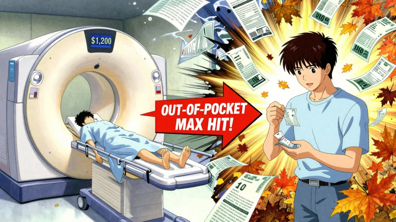 Split scene of person getting MRI and filling prescriptions, with a bold explosion marking out-of-pocket maximum reached.
