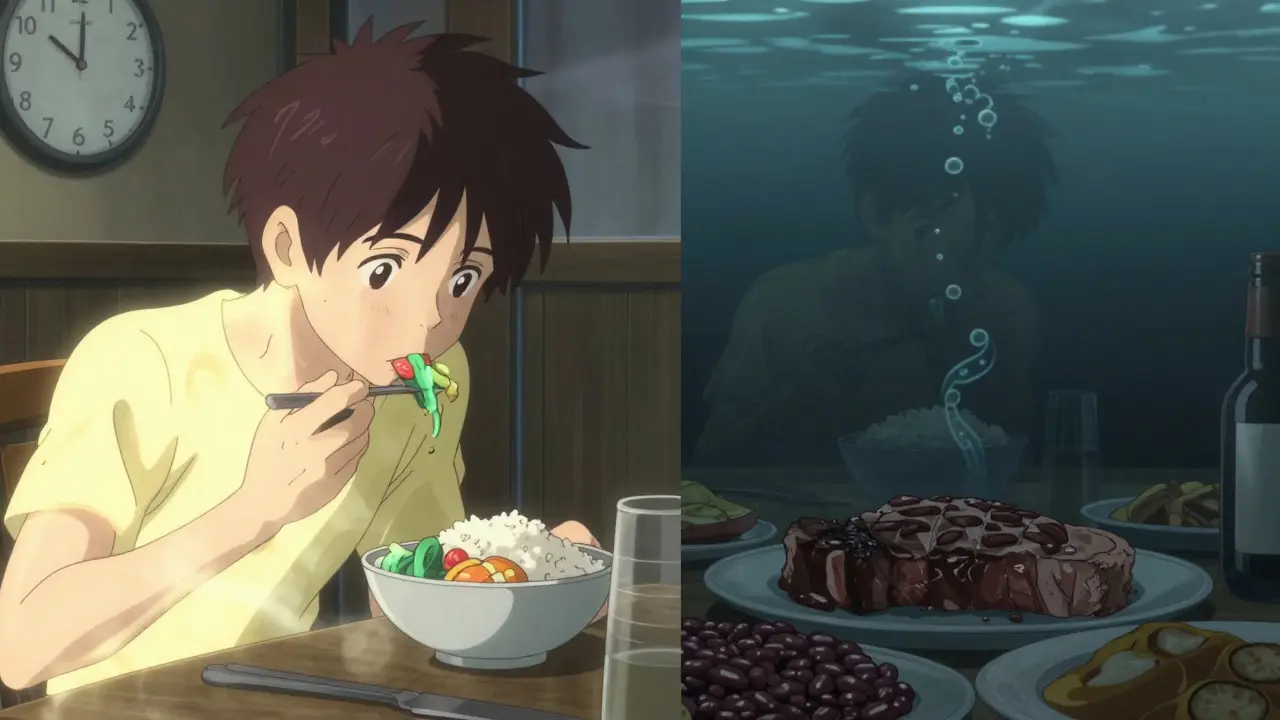 Split scene: person moving freely at lunch with rice and veggies vs. heavy and blurred at dinner with steak and beans.