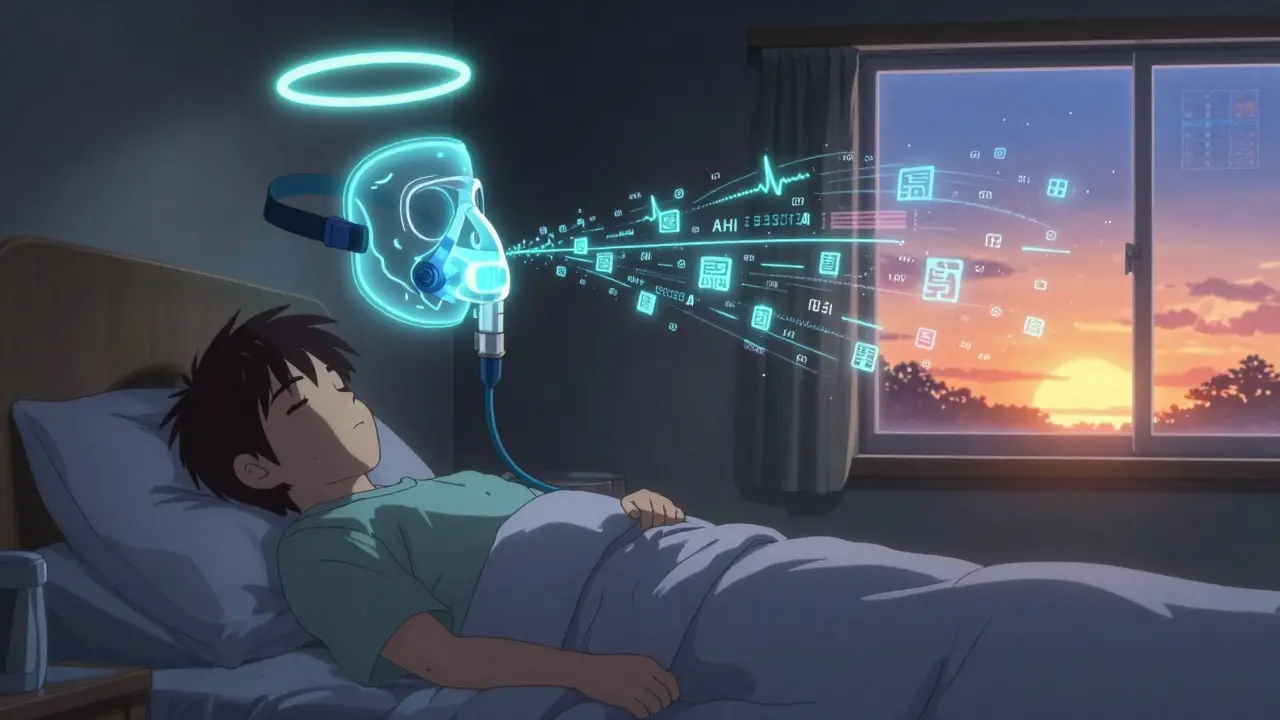 Split scene: person sleeping as a CPAP mask glows above them, with data symbols dissolving into a sunrise.