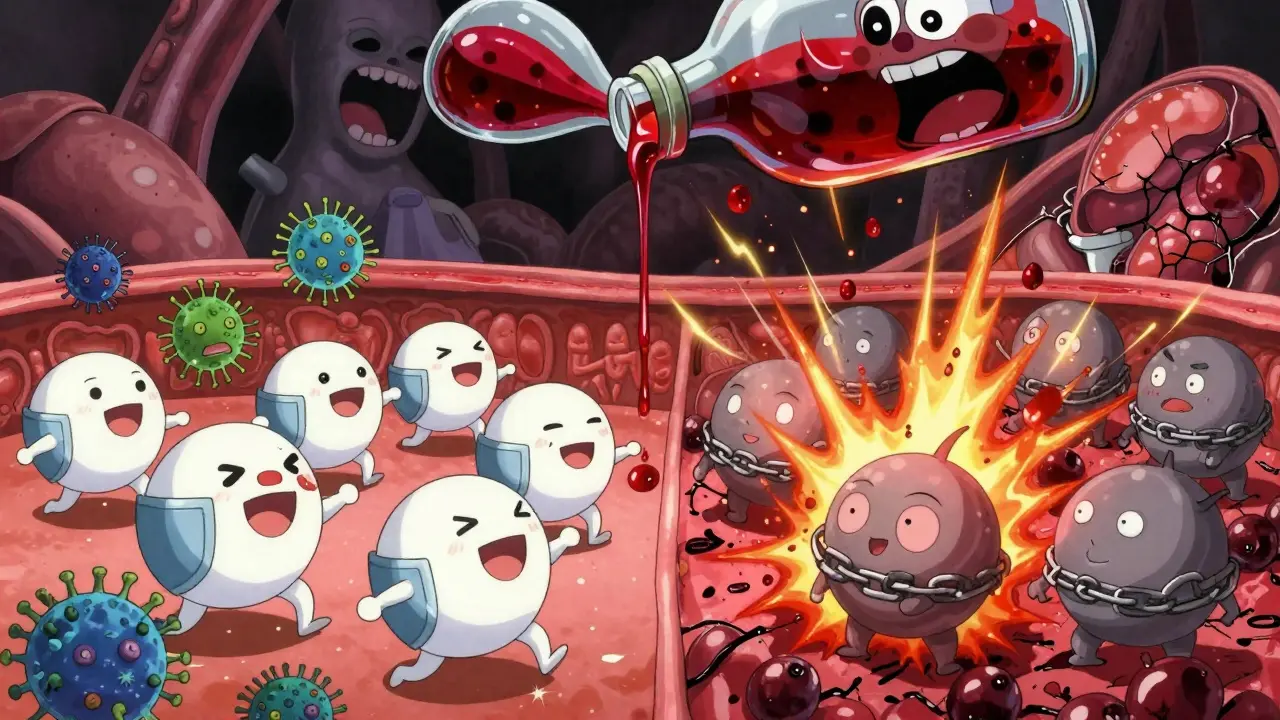 Split-screen battle inside a body: healthy immune cells vs. elderberry explosions threatening transplanted organs.