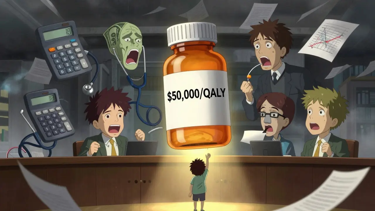 Surreal committee faces made of calculators debating a giant drug bottle labeled with cost-per-life-year metrics.