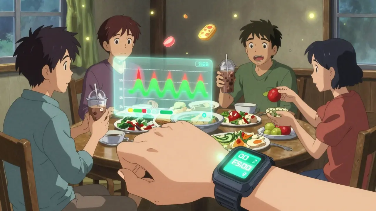 Wearable device shows real-time amino acid spikes, patient watches holographic timeline while family shares meal with floating food particles.