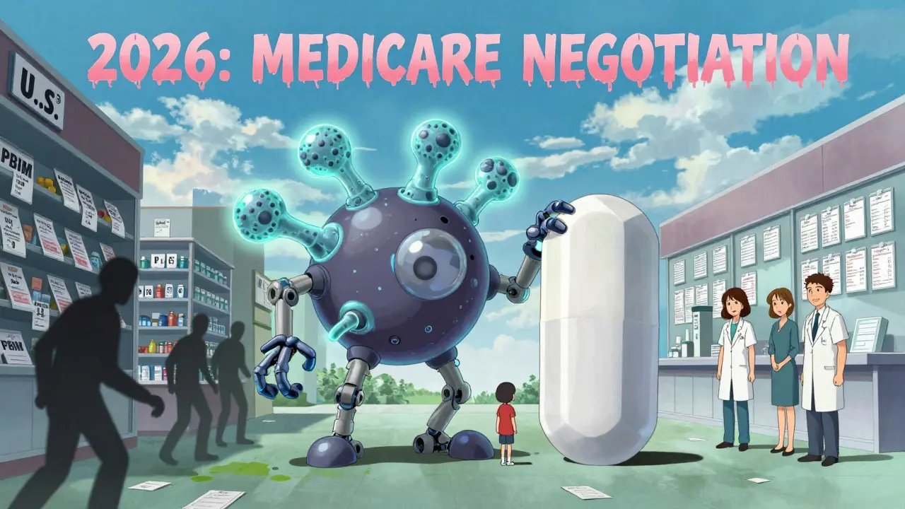 A biosimilar and generic pill tower over a patient, with contrasting U.S. and European pricing landscapes behind them.