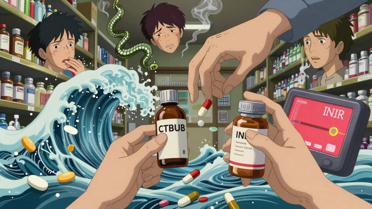 A chaotic explosion of pills and cannabis oil forming a storm, with a rising INR meter in red and confused patient silhouettes.