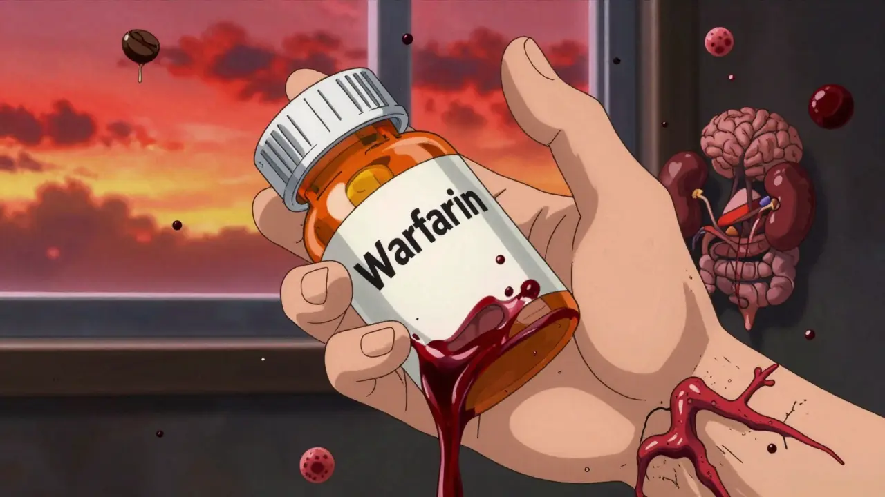 A hand clutching a warfarin bottle as internal veins burst, revealing oozing organs under a blood-red sky.
