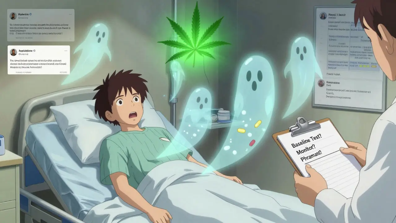 A patient surrounded by warping medication ghosts as a cannabis leaf casts a pulsing shadow, with a doctor's checklist visible.