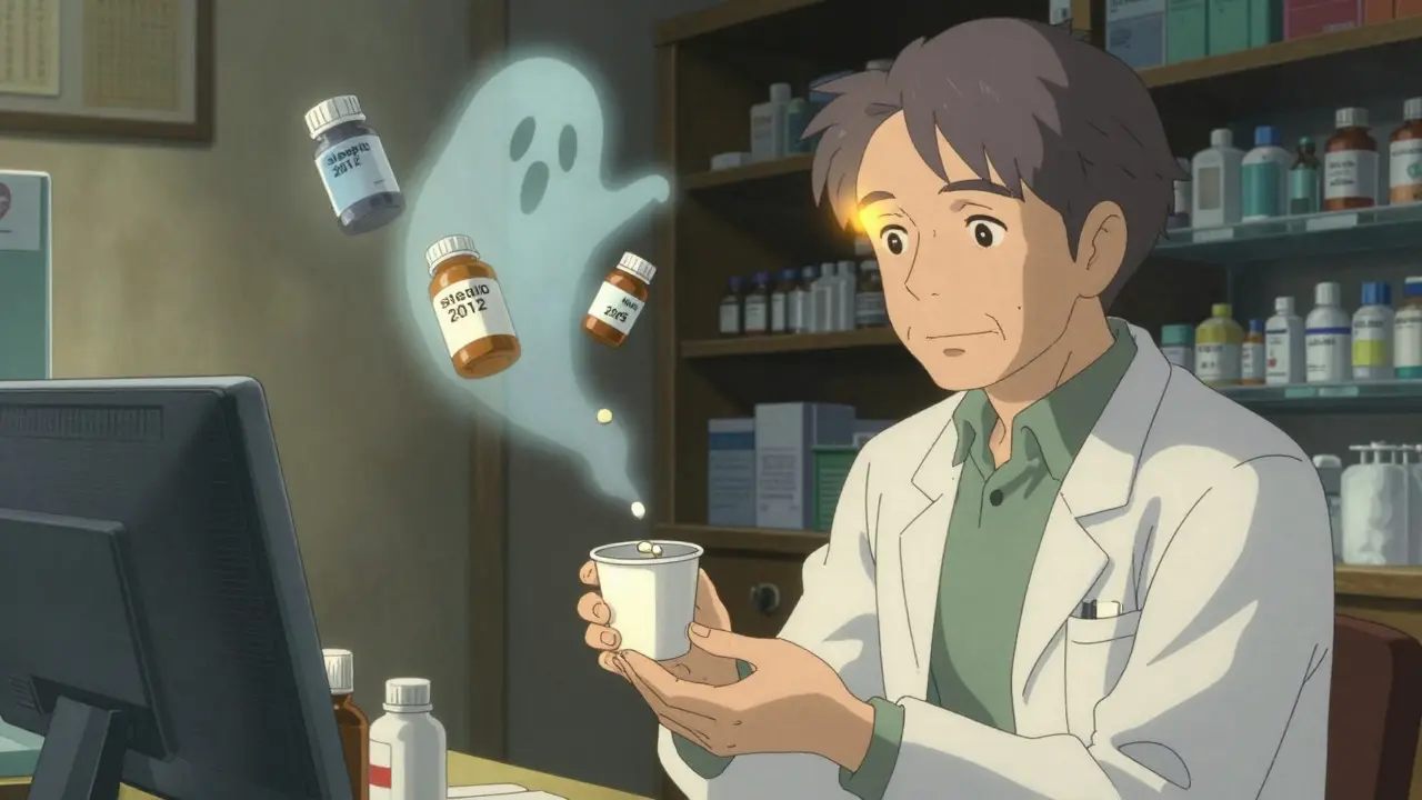 A pharmacist handing an older adult a single pill, with floating discarded medication bottles behind them.
