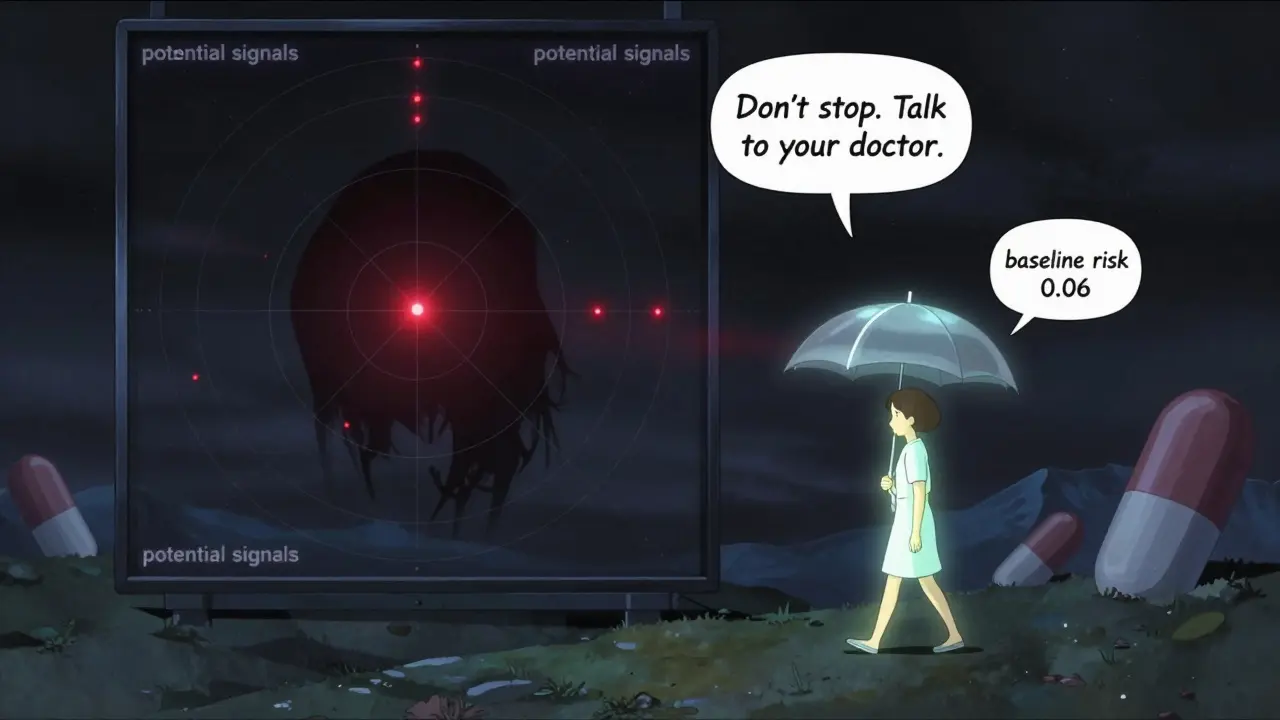 A surreal radar screen shows flickering danger signals beside a small, safe patient under a protective umbrella labeled with baseline risk numbers.
