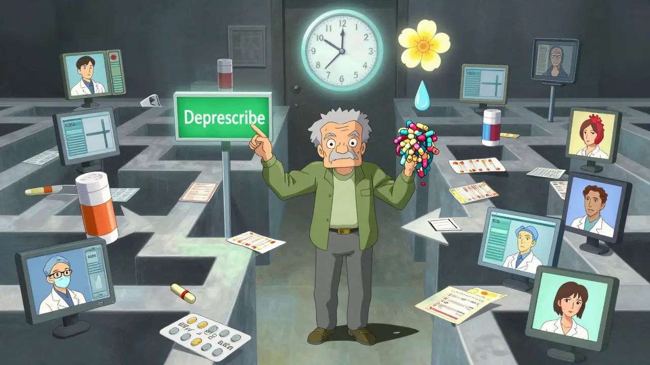 An elderly figure in a medical maze, reaching toward a glowing 'Deprescribe' exit while clutching tangled pills.