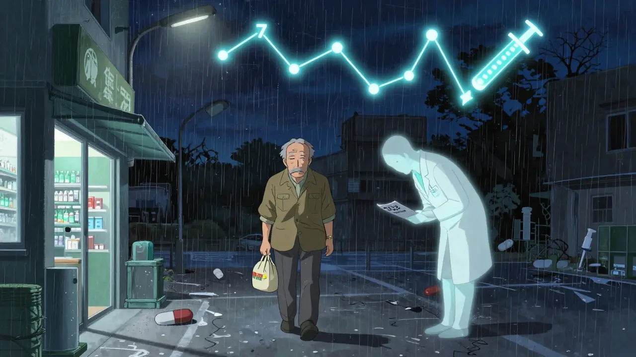 An elderly man walking from a pharmacy as a ghostly pharmacist bows, with glowing checklist in night sky.