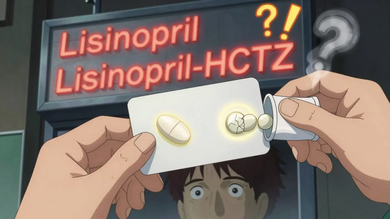 Close-up of a person comparing a pill to a reference card, with distorted pharmacy text in background.