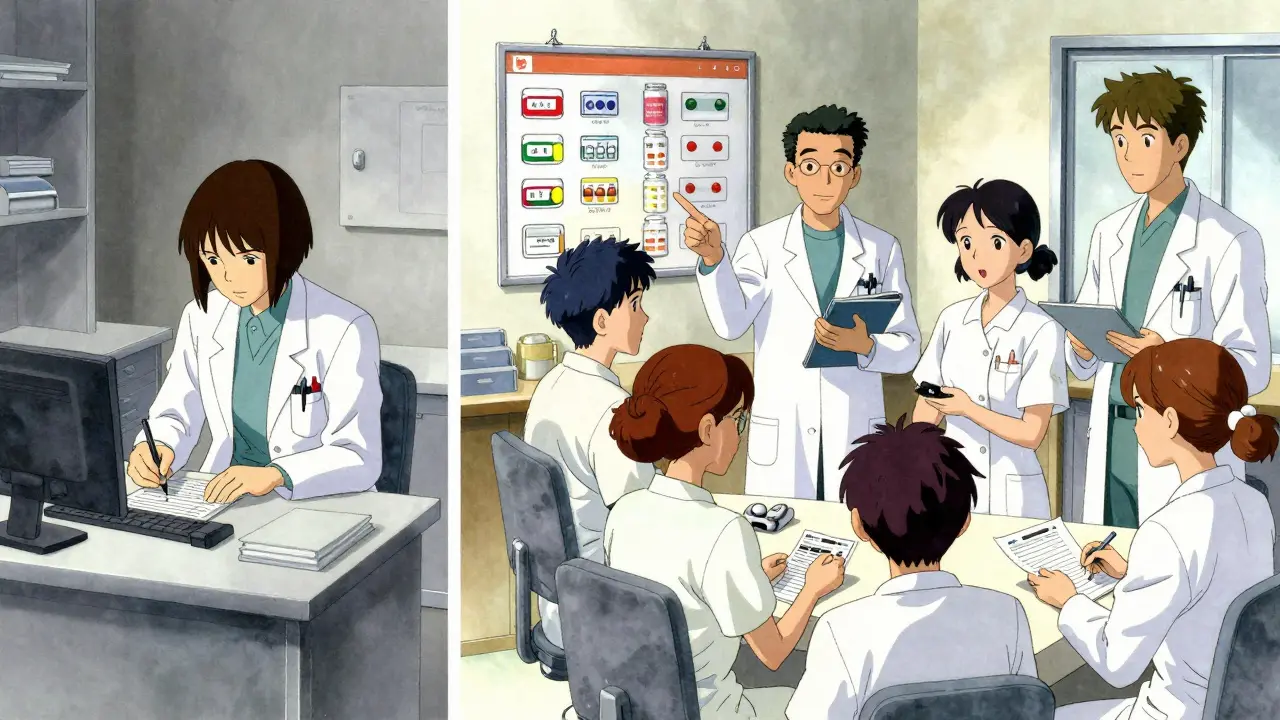 Contrasting scene: isolated doctor vs. unified team using technology to improve medication decisions.