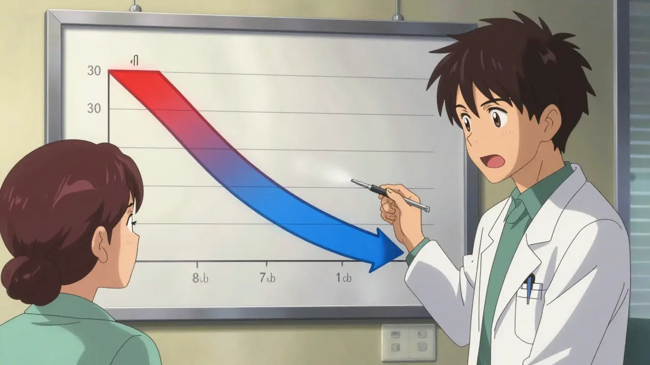 Doctor and patient reviewing animated tapering schedule chart with color-coded dose reductions