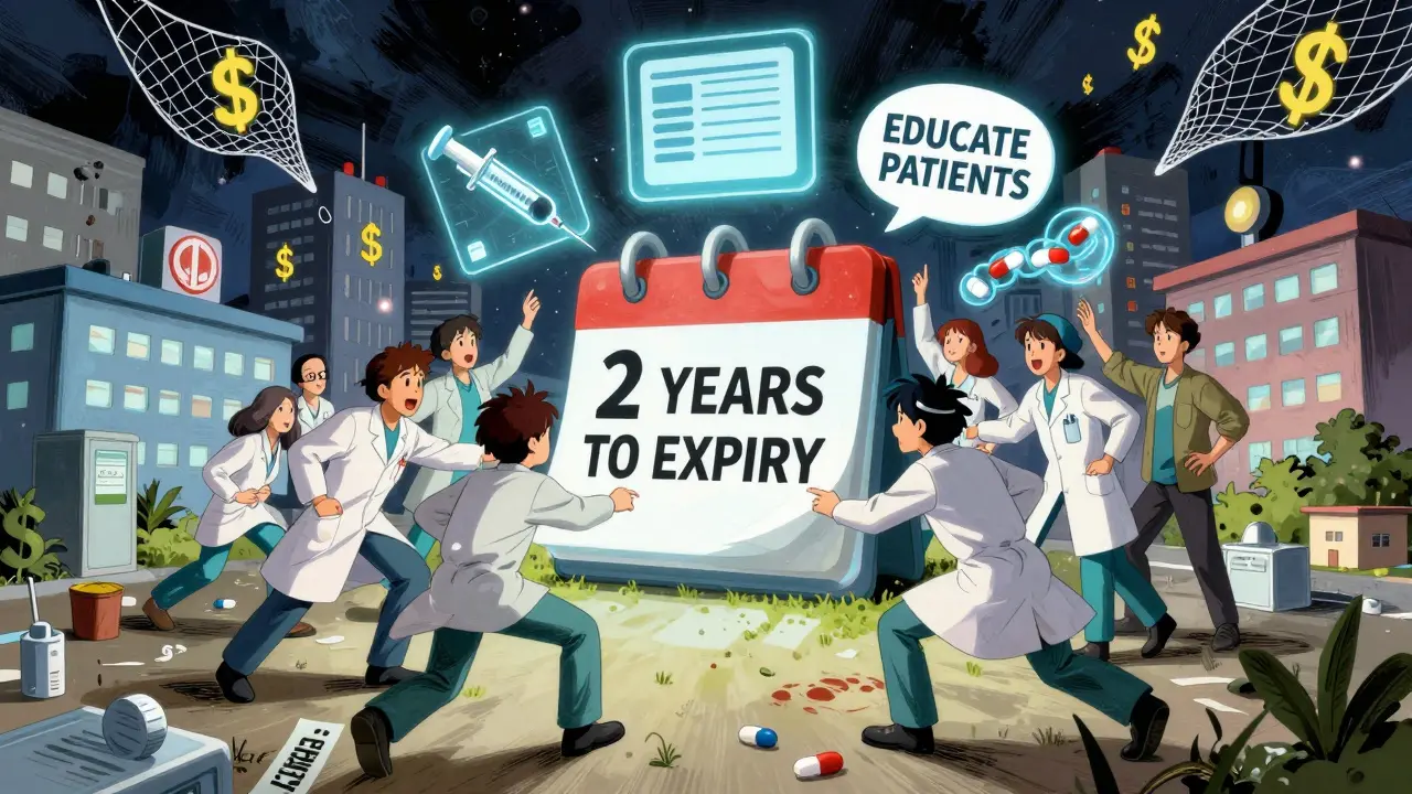 Healthcare workers plan around a glowing calendar marked '2 YEARS TO EXPIRY' with floating icons of system changes.