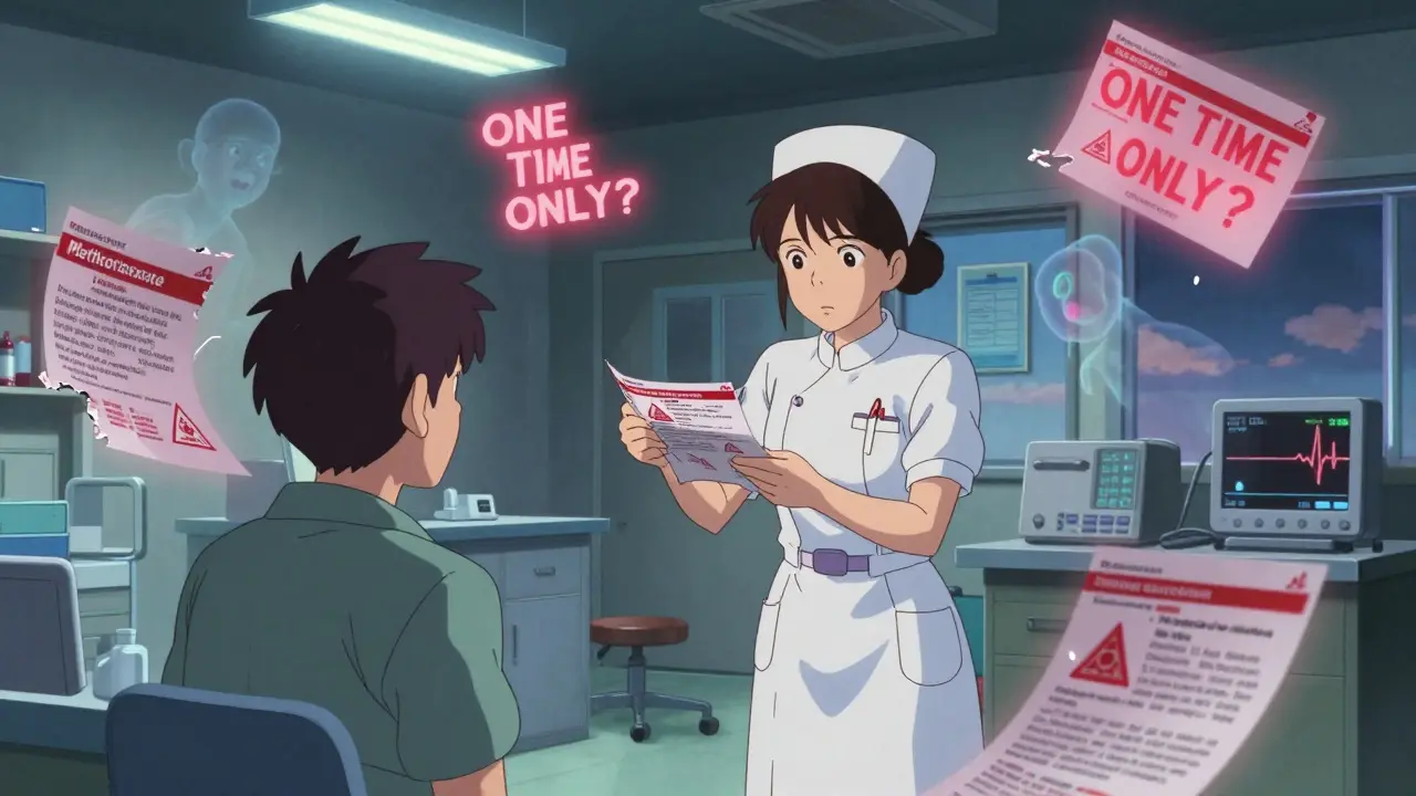 Nurse in an infusion center surrounded by floating, glowing Medication Guides, symbolizing distribution confusion.