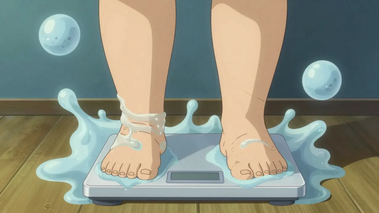 Person with swollen legs on scale, fluid bubbles rising