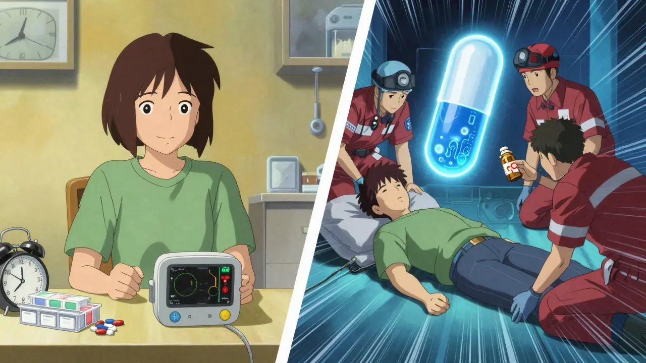 Split scene: calm home INR testing vs. emergency response, with a glowing future reversal agent above.