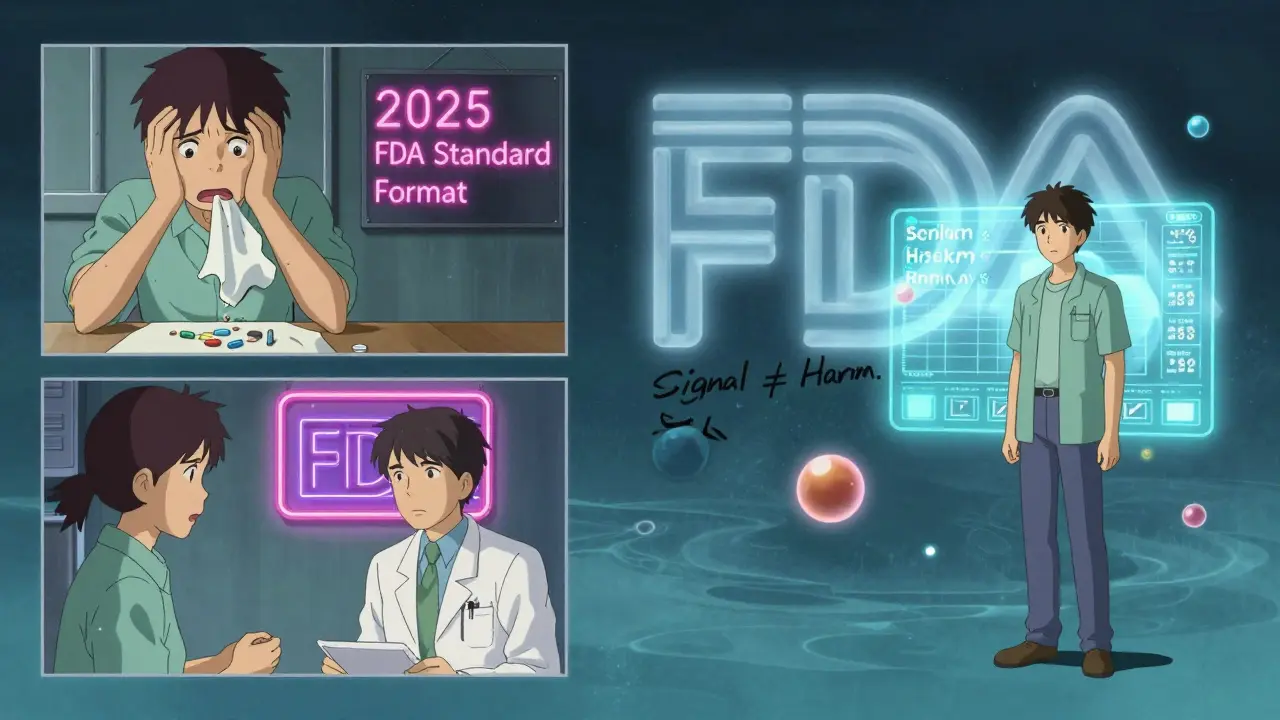 Three versions of a patient: one panicking, one consulting a doctor, one standing before a glowing risk-benefit chart under a 2025 FDA sign.