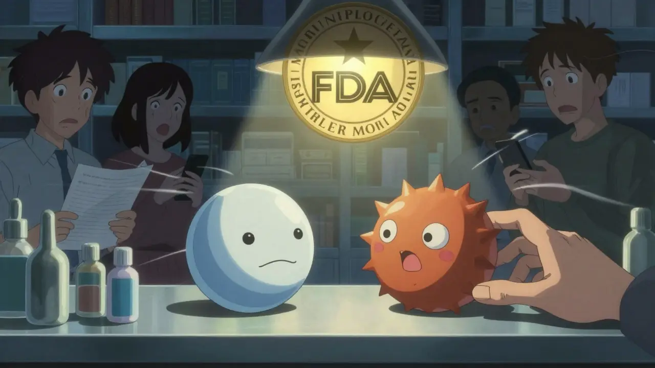 Two morphing pill creatures at a pharmacy counter under a regulatory seal, with patients in background.