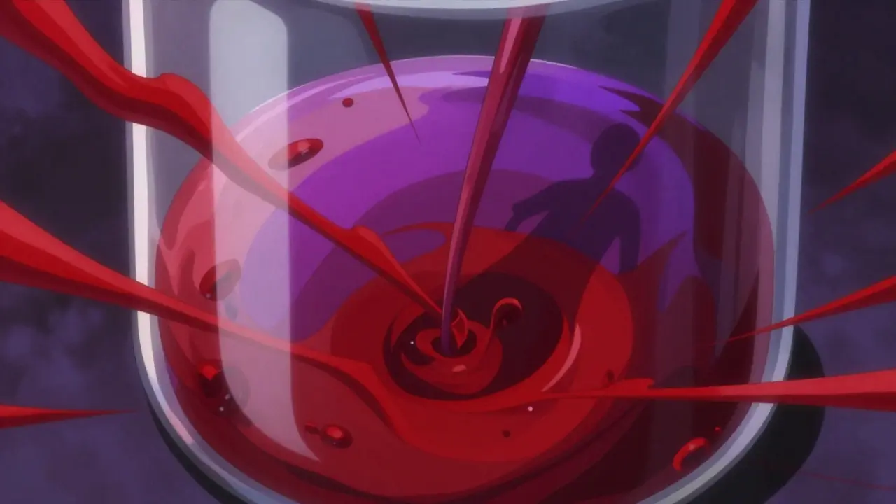 Urine sample with red streaks swirling in beaker