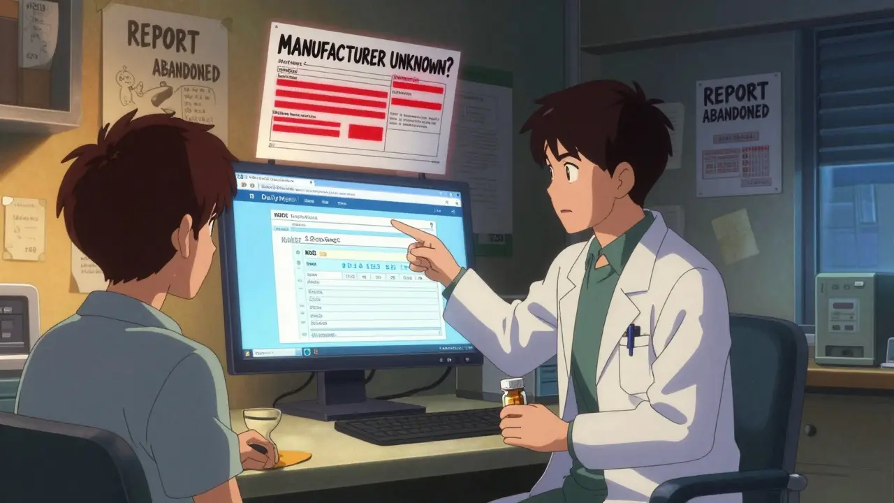 A doctor and patient examine a digital screen showing drug manufacturer info, with a half-filled adverse event form floating nearby.