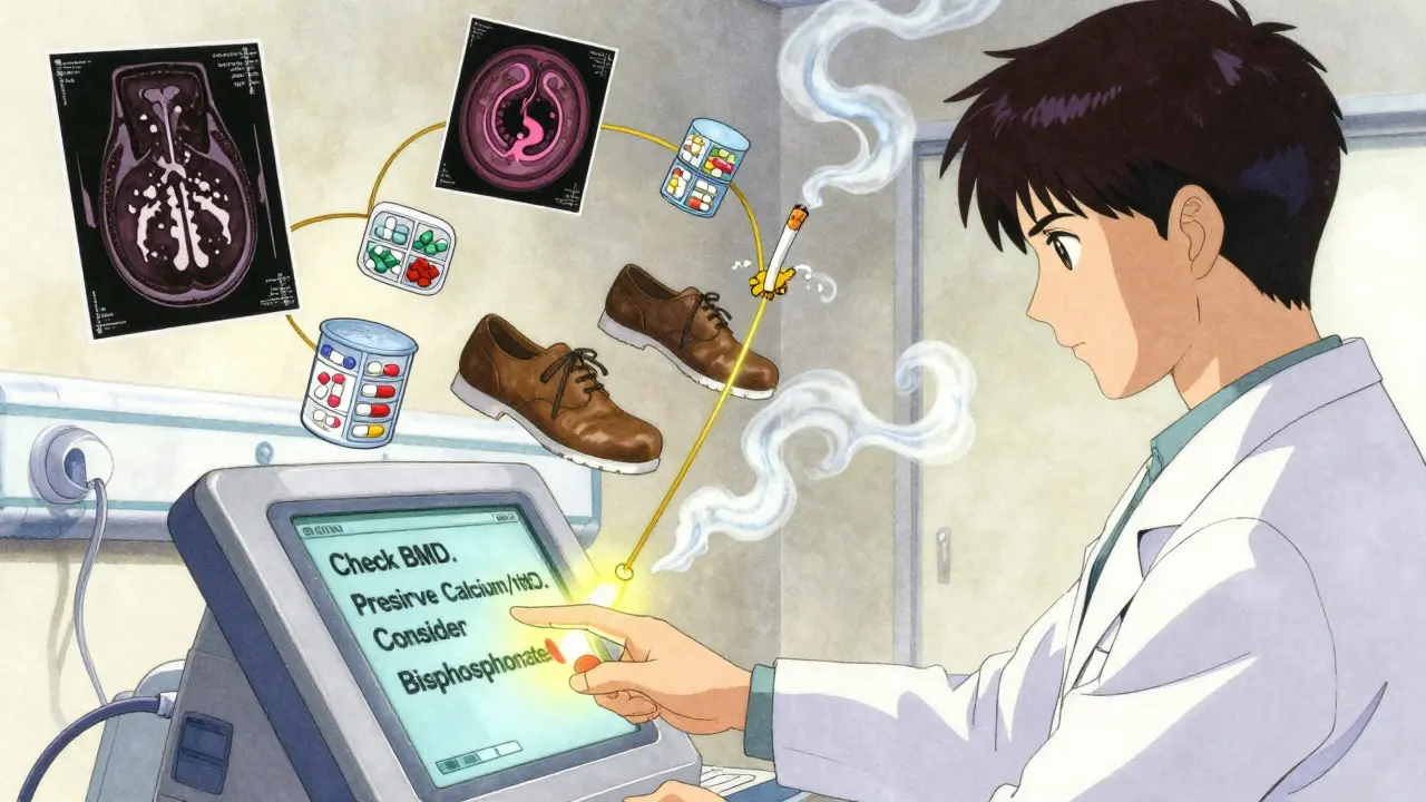 A doctor triggering a hospital alert for bone health prevention, surrounded by floating pills, scans, and shoes in dynamic anime style.