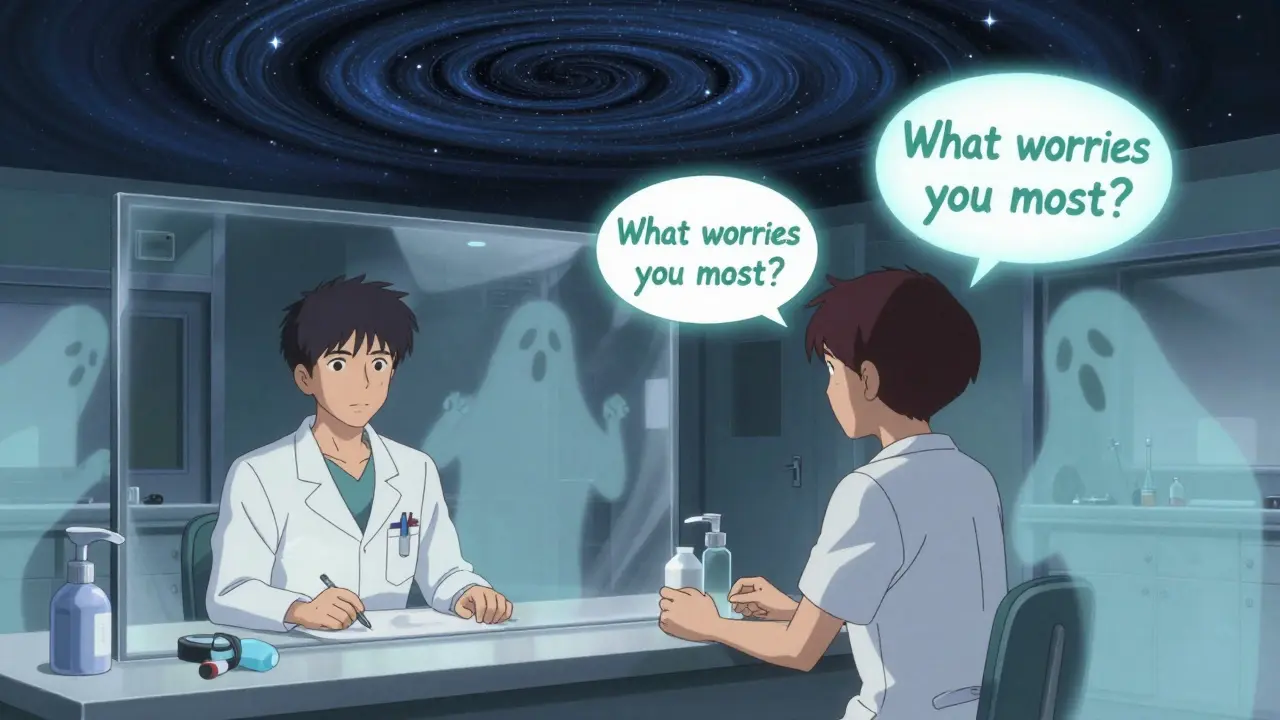 A medical student practices patient communication in a simulation lab, with ghostly failures dissolving as empathetic phrases glow above.